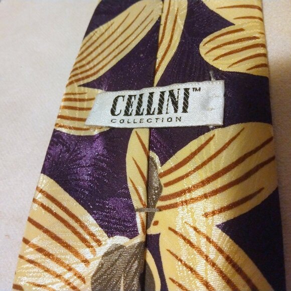 Cellini Tropical Floral Statement Tie Purple Gold Retro 70s Revival Print Artsy - Picture 3 of 6